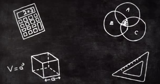 Animation Von Symbolen Für Schulgegenstände Auf Schwarzem Hintergrund Bildung Lernen — Stockvideo