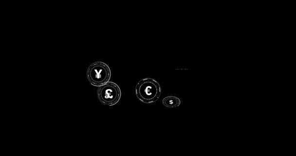 在黑色背景上使用数据处理的货币图标动画 全球金融 计算和数据处理概念 — 图库视频影像