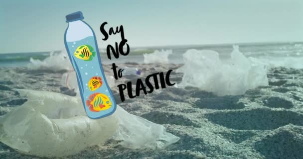 Animace Říct Plastový Text Láhev Rybami Přes Odpadky Pláži Recyklace — Stock video