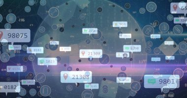 Dünya çapında sosyal medya tepkisi ve teknoloji ikonları. Küresel ağ, iletişim ve teknoloji konsepti dijital olarak oluşturuldu.