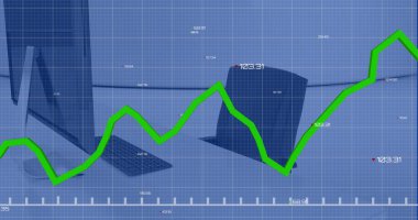 Çizgi grafiği ve rakamlar bilgisayar ve klavyenin üzerinde ve kabinde sandalye var. Dijital bileşik, çoklu pozlama, rapor, finans, ticaret, büyüme, ofis ve teknoloji kavramı.