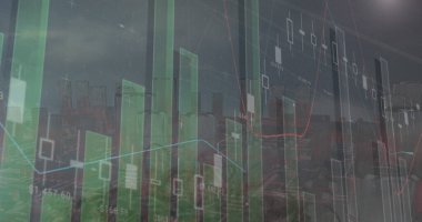 Şehir manzarası üzerinde veri işleme resmi. Küresel iş, finans, veri işleme ve dijital arayüz kavramı dijital olarak oluşturuldu.