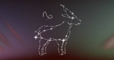 Arkadaki duman bulutlarının üzerindeki Oğlak Yıldızı işareti. Astroloji, yıldız falı ve zodyak konsepti dijital olarak oluşturuldu.