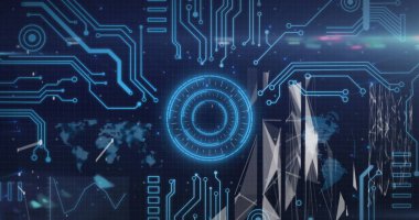 Bilgisayar devre kartından tarama ve veri işleme görüntüsü. Küresel hesaplama, dijital arayüz ve veri işleme kavramı dijital olarak oluşturuldu.