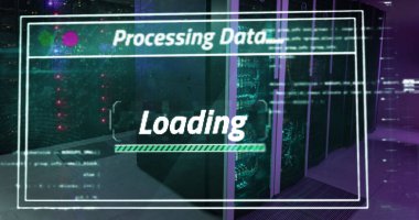 Image of data processing over server room. Global technology, computing and digital interface concept digitally generated image.