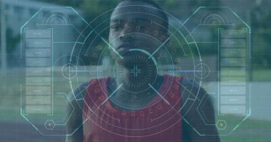 Atlayan bir erkek sporcunun dijital veri işleme görüntüsü. küresel spor, rekabet ve dijital arayüz kavramı dijital olarak oluşturulmuş görüntü.