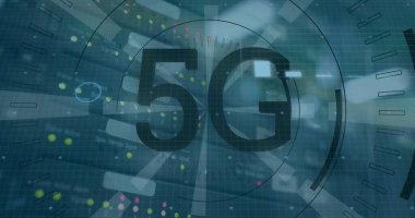 Küresel ve bağlantı ağlı 5G metin resmi. Dijital arayüz teknolojisi ve ağ konsepti dijital olarak oluşturuldu.