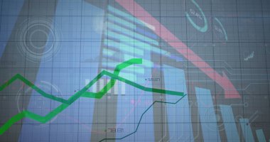 Gri arkaplandaki kırmızı ok, grafikler ve grafikler veri işliyor. Küresel iletişim, iş, veri ve dijital arayüz kavramı dijital olarak oluşturulmuş görüntü.