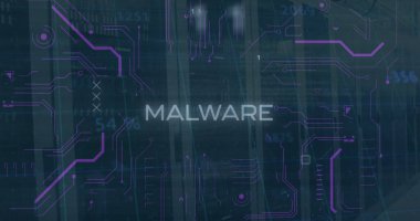 Boş bilgisayar sunucu odasına karşı kötü amaçlı metin ve mikroişlemci bağlantıları. Siber güvenlik ve iş veri depolama teknolojisi kavramı