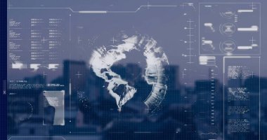 Şehir manzarasının havadan görüntüsüne karşı veri işleme arayüzünün görüntüsü. Bilgisayar arayüzü ve iş teknolojisi kavramı