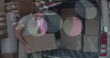 Teslimatçı ve minibüsün istatistik ve mali veri işleme görüntüsü. küresel gönderim, dağıtım, iş, veri işleme ve teknoloji konsepti dijital olarak oluşturuldu.