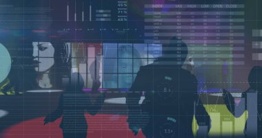 Dans eden insanların mali veri işleme görüntüsü. küresel iş, bağlantılar ve veri işleme kavramı dijital olarak oluşturulmuş görüntü.