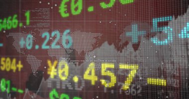 Dünya üzerindeki finansal veri ve grafiklerin resmi ve kahverengi arka plandaki dünya haritası. Küresel iş, finans, ekonomi, ağ ve teknoloji konsepti dijital olarak oluşturulmuş görüntü. 