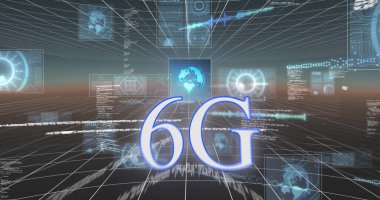 6G metin ve arayüzün resmi, çizelgeler, bilgiler ve siyah arkaplan üzerindeki küreler. iletişim teknolojisi dijital arayüz kavramı, dijital olarak oluşturulmuş görüntü.