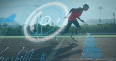 Engelli Afro-Amerikan erkek koşucunun veri işleme görüntüsü. Küresel spor ve dijital arayüz kavramı dijital olarak oluşturulmuş görüntü.