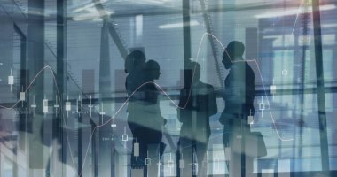 Ofisteki iş adamları üzerinde finansal veri işleme resmi. küresel iş, finans, veri işleme ve dijital olarak oluşturulmuş görüntü konsepti.