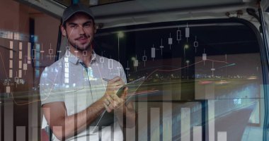 Minibüsün arkasındaki teslimatçının panoya yazı yazışının ön görüntüsü. Önplanda grafik ve istatistiklerin dijital resmi gösteriliyor