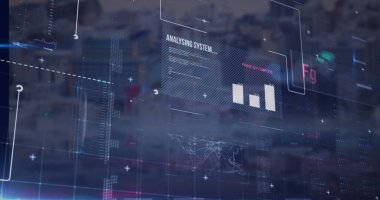 Yüksek binaların havadan görüntüsüne karşı veri işleme arayüzünün görüntüsü. Bilgisayar arayüzü ve iş teknolojisi kavramı