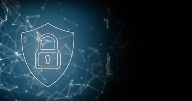 Arka planda bağlantı ağı olan çevrimiçi güvenlik asma kilidi resmi. küresel bağlantılar, dijital arayüz ve dijital olarak oluşturulan güvenlik konsepti. 