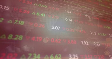 Kara zemin üzerindeki diyagramlar üzerinde borsa ve kullanıcı simgeleri görüntüsü. Küresel iş ve dijital arayüz kavramı, dijital olarak oluşturulmuş görüntü.