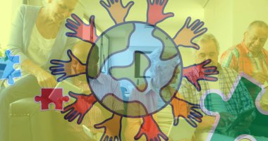 Rengarenk yapboz parçaları ve tablet kullanan yaşlı arkadaşları olan bir dünya. otizm, öğrenme güçlüğü, destek ve farkındalık kavramı dijital olarak oluşturulmuş görüntü.