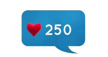 Bir kalp simgesinin dijital görüntüsü ve beyaz arkaplan 4k üzerindeki mavi sohbet kutusunun içindeki sayılar artıyor