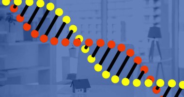 Boş ofisin etrafında dönen DNA görüntüsü. Tıp bilimi ve iş teknolojisi kavramı 