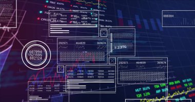 Karanlık arka planda finansal veri işleme resmi. Küresel iş, finans ve veri işleme kavramı dijital olarak oluşturulmuş görüntü.