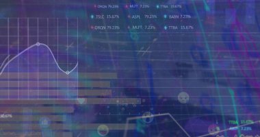 Koyu mavi arkaplanda veri işleme grafikleri ve grafikleri. Küresel iletişim, iş, veri ve dijital arayüz kavramı dijital olarak oluşturulmuş görüntü.