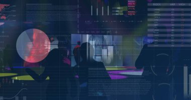 Dans eden insanların mali veri işleme görüntüsü. küresel iş, bağlantılar ve veri işleme kavramı dijital olarak oluşturulmuş görüntü.