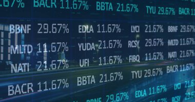 Şehirdeki finansal veri işleme görüntüsü. iş, dijital arayüz ve veri işleme kavramı dijital olarak oluşturulmuş görüntü.