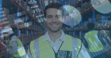 Depoda çalışan kadın ve erkeğin istatistik ve mali veri işleme görüntüsü. küresel gönderim ve bağlantılar konsepti dijital olarak oluşturulmuş görüntü.