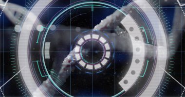 DNA ipliği üzerinde tarama yapan bir kamera görüntüsü. Küresel bilim ve dijital arayüz kavramı dijital olarak oluşturulmuş görüntü.