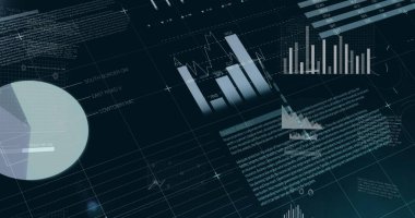 Siyah arkaplanda bilgi arayüzü ve bilgisayar dili üzerinde birden fazla simge resmi. Dijital olarak üretilmiş, hologram, illüstrasyon, rapor, iş dünyası, küresel, bulut hesaplama, teknoloji. 