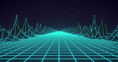 Neon yeşil şebeke ağının dijital görüntüsü ve mavi arkaplana karşı 3D yapılar. doku ve tasarım ile teknoloji arkaplanı