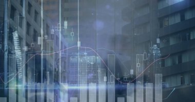 Mali veri işleme ve ofis binalarında yürüyen iş adamlarının görüntüsü. küresel finans, iş ve dijital arayüz kavramı dijital olarak oluşturulmuş görüntü.