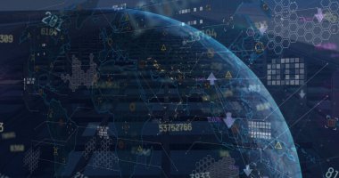 Şehir haritası üzerinde dünya haritası ve küreyle finansal veri işleme resmi. Küresel iş, finans ve dijital arayüz kavramı dijital olarak oluşturulmuş görüntü.