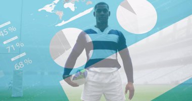 Ragbi oyuncusunun istatistiksel görüntüsü. global spor, teknoloji, dijital arayüz ve bağlantılar konsepti dijital olarak oluşturulmuş görüntü.