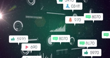 Uzayda medya simgeleri ve veri işleme resimleri. Sosyal medya ve iletişim arayüzü kavramı dijital olarak oluşturulmuş görüntü.