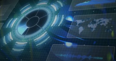 Image of statistics and data processing on grey background. Global business finance and connections concept digitally generated image.