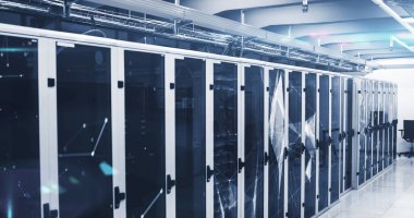 Bilgisayar sunucuları üzerinden bağlantı ağlarının resmi. küresel teknoloji, veri işleme ve dijital arayüz kavramı dijital olarak oluşturulmuş görüntü.