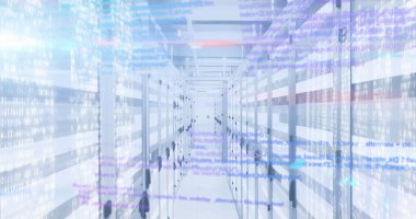 Bilgisayar sunucuları üzerinden veri işleme resmi. Küresel hesaplama, bağlantılar, veri işleme ve dijital arayüz kavramı dijital olarak oluşturuldu.