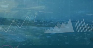 Deniz ve dağlarla dolu havadan manzaranın istatistiksel veri işleme görüntüsü. İş veri teknolojisi kavramı