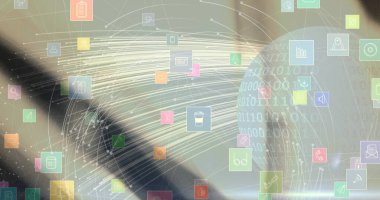 Arkaplanı bulanık dijital simgelerle kaplı küre görüntüsü. küresel bağlantılar, dijital arayüz ve teknoloji konsepti dijital olarak oluşturulmuş görüntü.