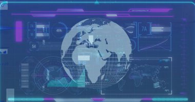 Grafikli bilgi görüntüsü, dijital arayüzde küresel işlem. Dijital bileşik, yapay zeka, küresel iletişim, bulut hesaplama, geliştirme, teknoloji.