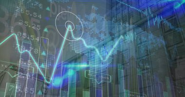 Grafiklerin, sayıların, mercek fişeklerinin ve binanın düşük açılı görüntüsünün görüntüsü. Dijital bileşik, çoklu pozlama, aydınlanma, rapor, finans, iş, büyüme, küresel ve teknoloji.