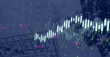 İnşaat alanındaki finansal veri işleme resmi. küresel kalkınma, işletme, finans, dijital arayüz ve dijital olarak oluşturulan veri işleme kavramı.