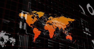 Siyah dijital ekranda grafiklerin, verilerin ve dünya haritasının resmi. Dijital olarak oluşturulmuş küresel veri işleme, finans ve dijital arayüz kavramı.