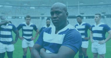 Ragbi oyuncularının istatistikleri. global spor, teknoloji, dijital arayüz ve bağlantılar konsepti dijital olarak oluşturulmuş görüntü.