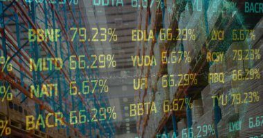 Borsa görüntüsü ve boş depo üzerinden finansal veri işleme. küresel sevkiyat, dağıtım ve bağlantılar konsepti dijital olarak oluşturuldu.